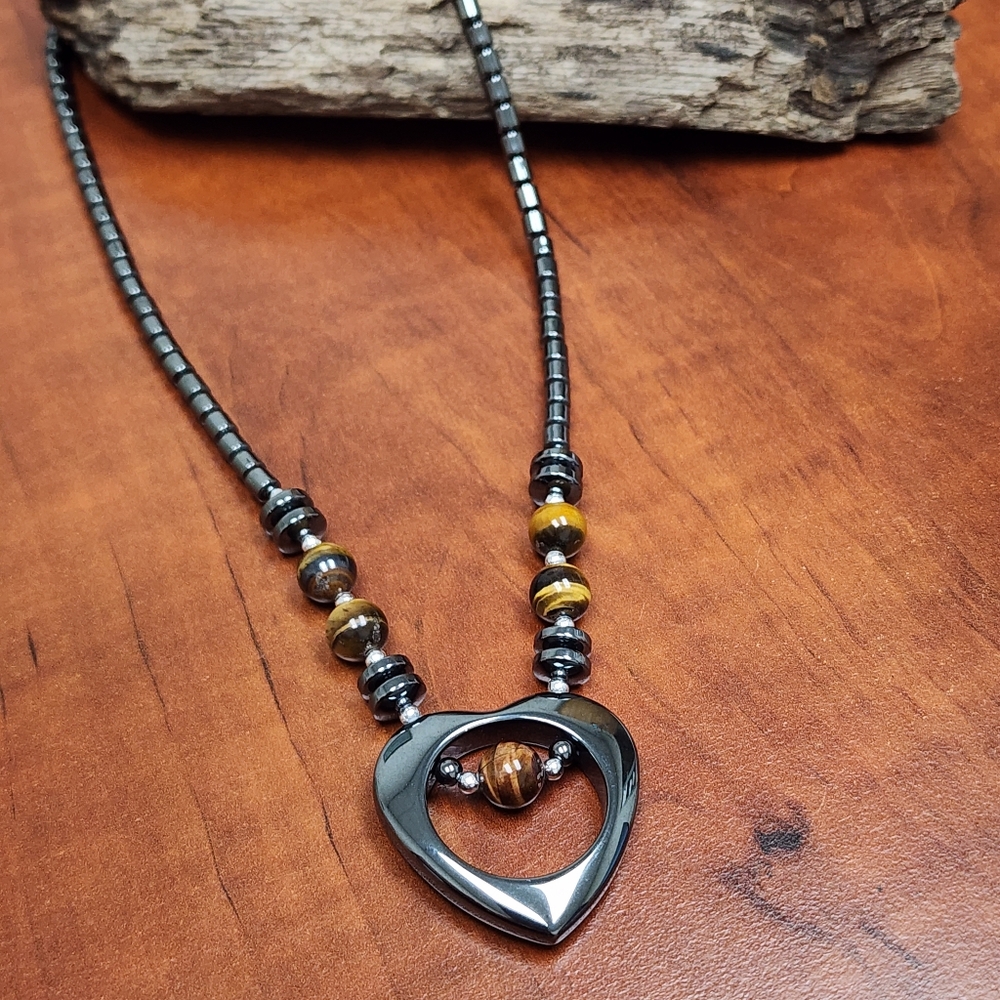 Hematite Open Heart Pendant Necklace with Tiger Eye Glass Accent Beads